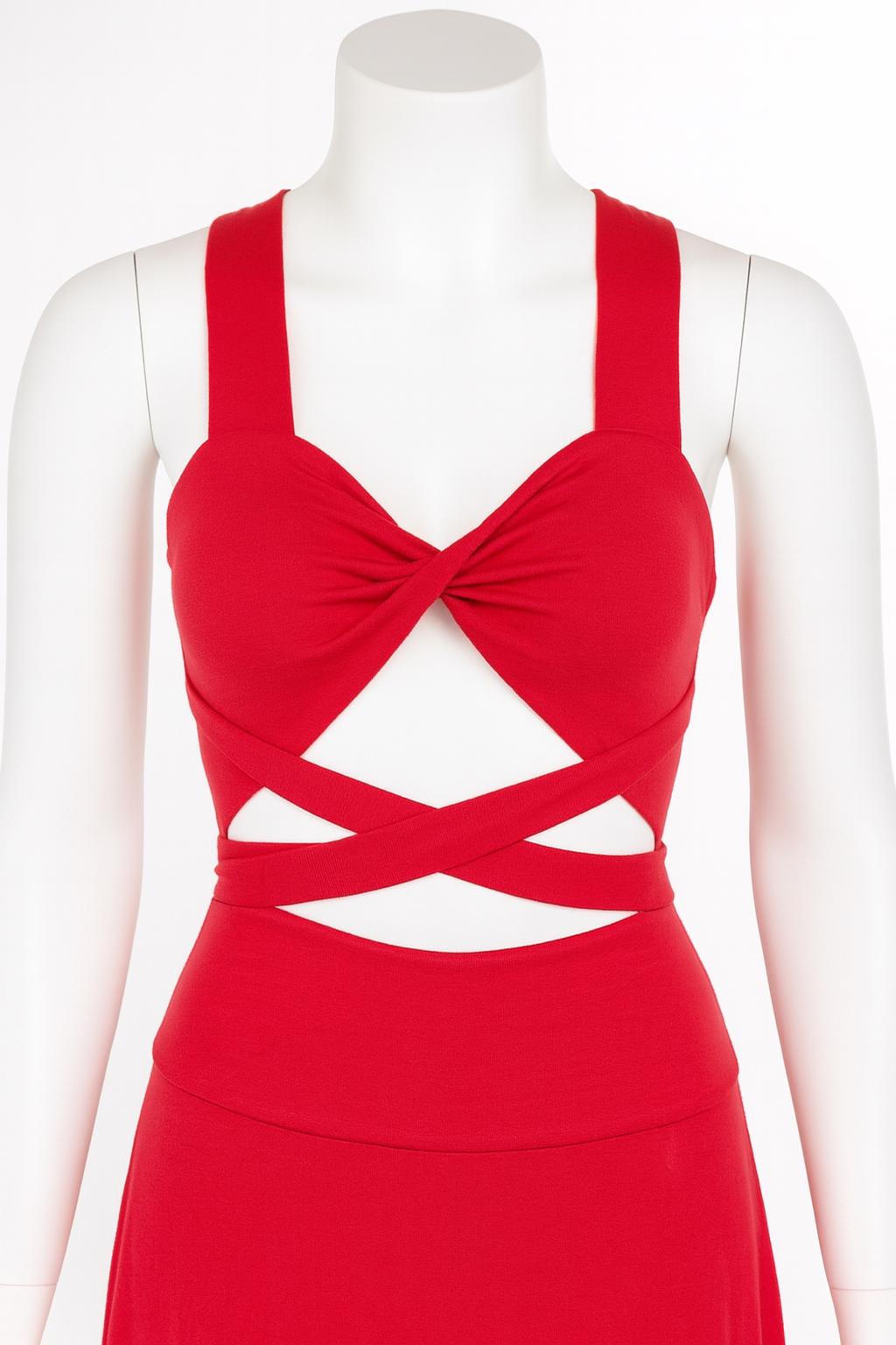 Twisted Bust Red Maxi Dress: Multi-Way USA Made Gown