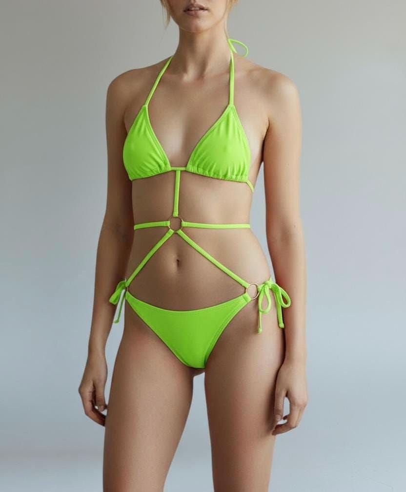 Ring Detail Strappy Cutout Bikini Set – Halter Tie Top and Side-Tie Bottoms