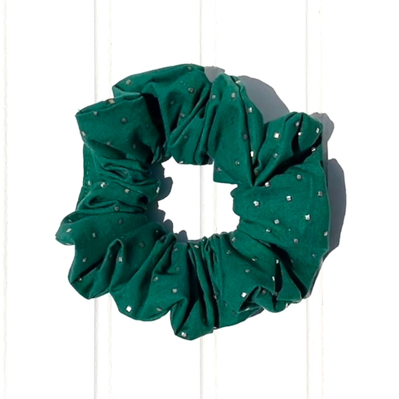 Green Cotton Scrunchie: Festive Holiday Hair Tie, Handmade in USA