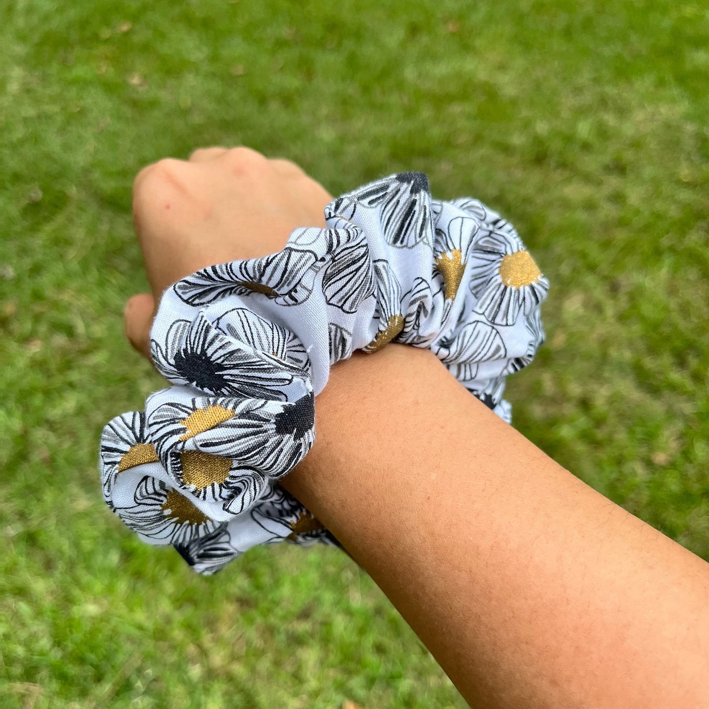Black and White Cotton Scrunchies: Floral & Criss Cross Prints