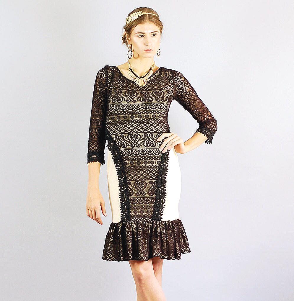 Black Lace Ruffle Hem Dress: Handmade USA, Size S