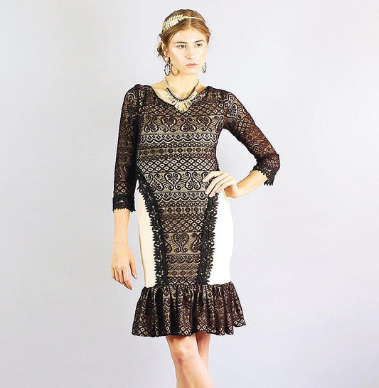Black Lace Ruffle Hem Dress: Handmade USA, Size S
