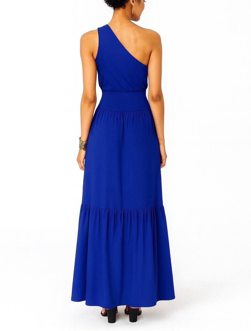 One Shoulder Maxi Dress: Cinched Waist Tiered Long Dress
