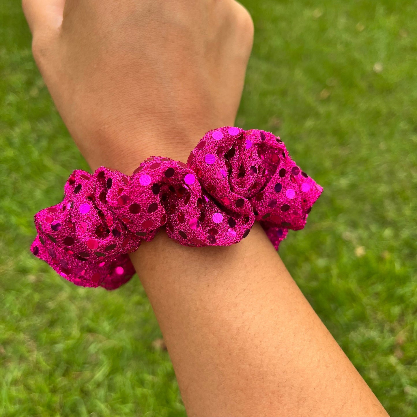 Fuchsia Dotted Foil Scrunchie: Handmade Trendy Hair Tie