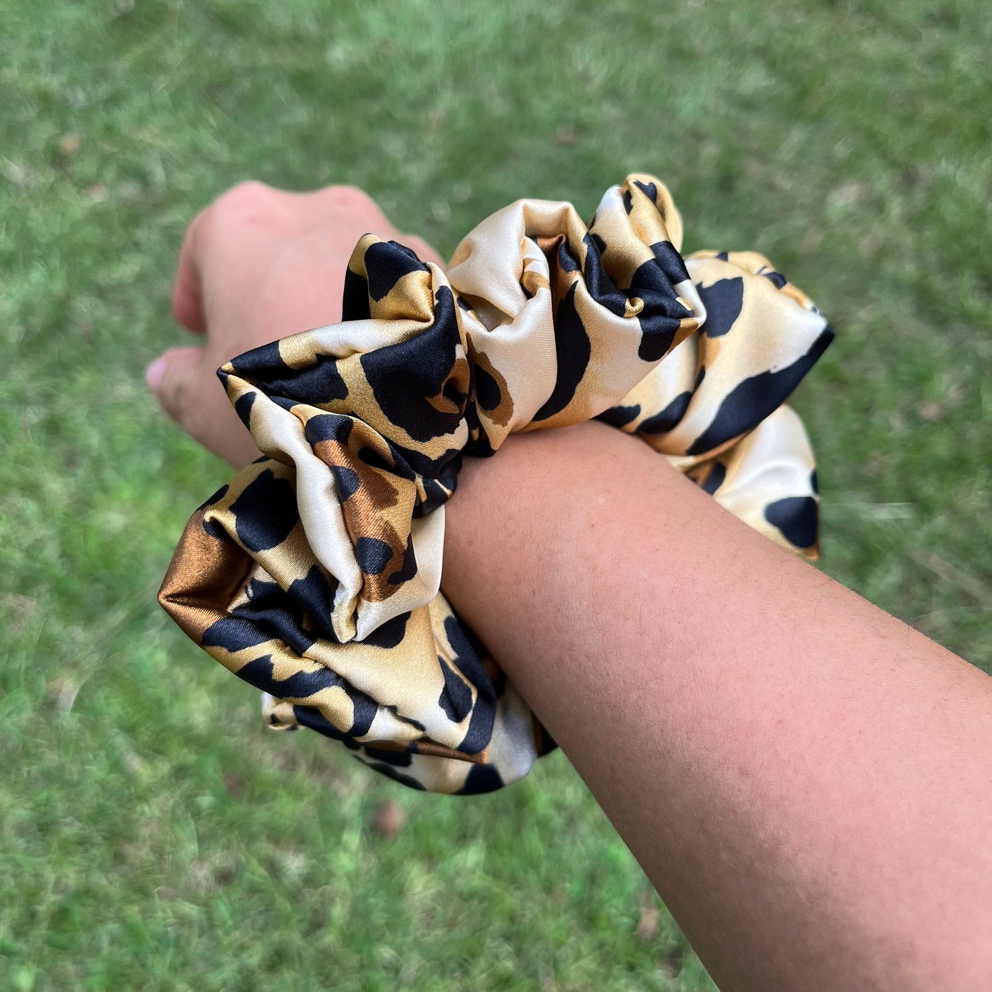 Handmade Satin Leopard Print Scrunchie: Silky Animal Print Hair Tie