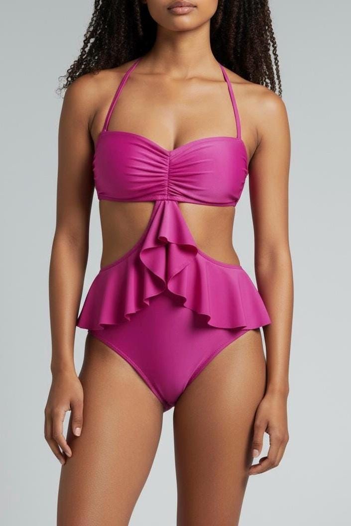 Ruffle Cutout One-Piece Swimsuit – Flounce Peplum Monokini with Halter Tie Back