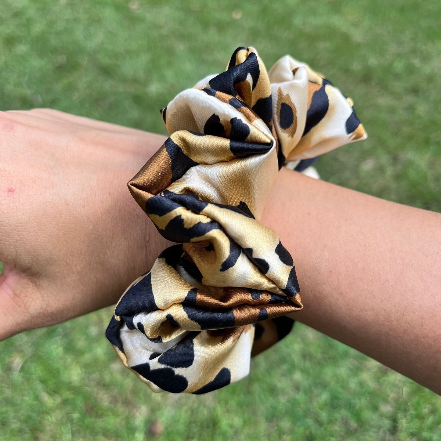 Handmade Satin Leopard Print Scrunchie: Silky Animal Print Hair Tie