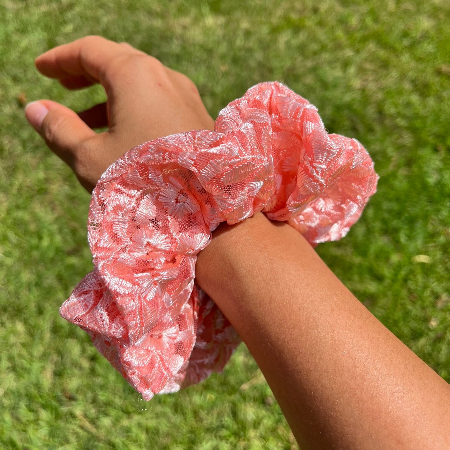 Pink Lace Scrunchie: Shimmery Floral Hair Fashion
