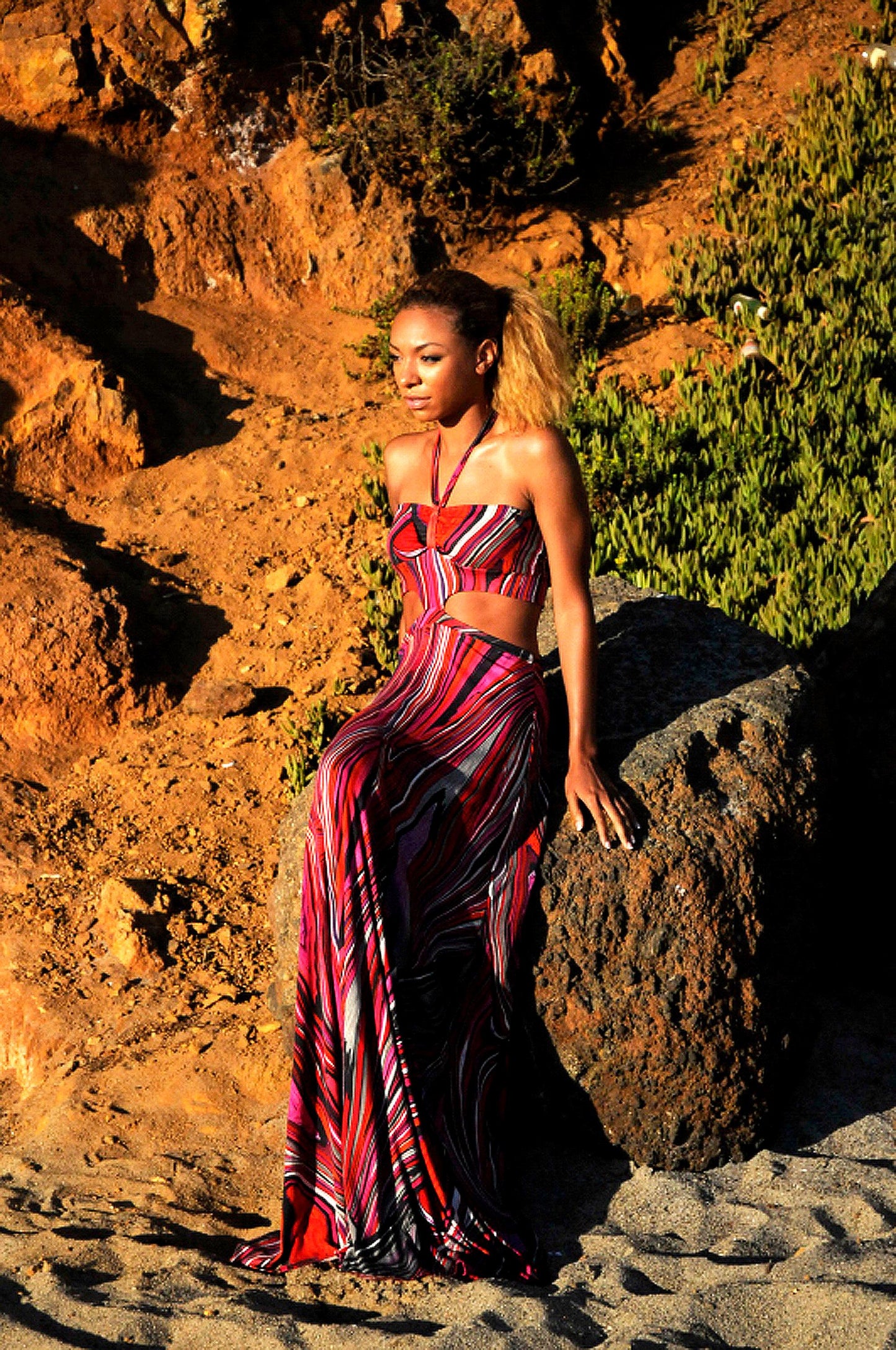 Psychedelic Halter Maxi Dress: Cut Out Knit Gown