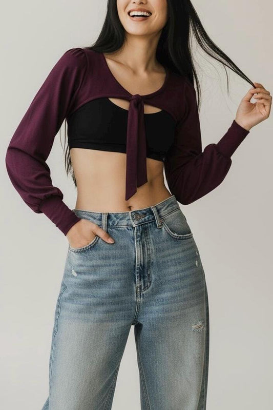 Tie-Front Long Sleeve Shrug | Soft Stretch Cropped Bolero Top