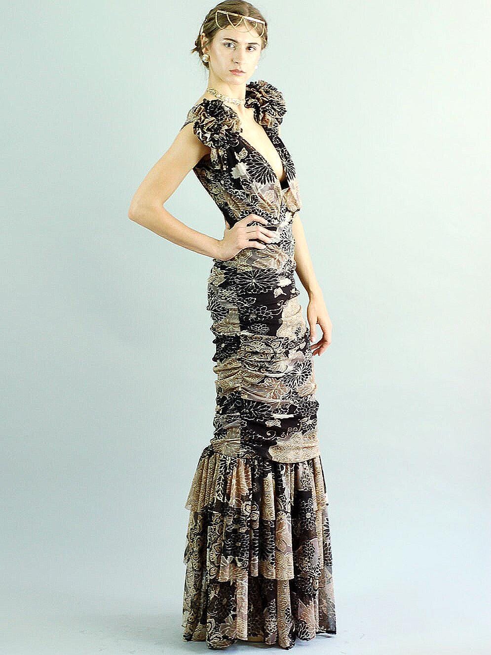 Emily Rosette Shoulder Ruffle Mermaid Gown-Size S/M