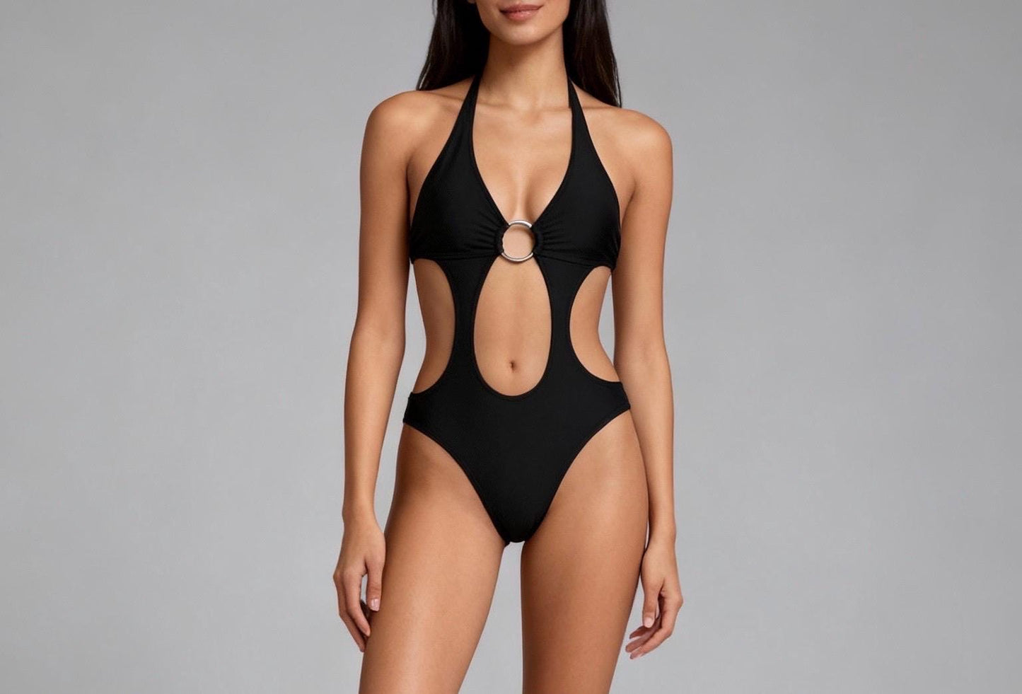 The HARMONY Monokini-Black Cut-Out One Piece Swimsuit with Ring Detail