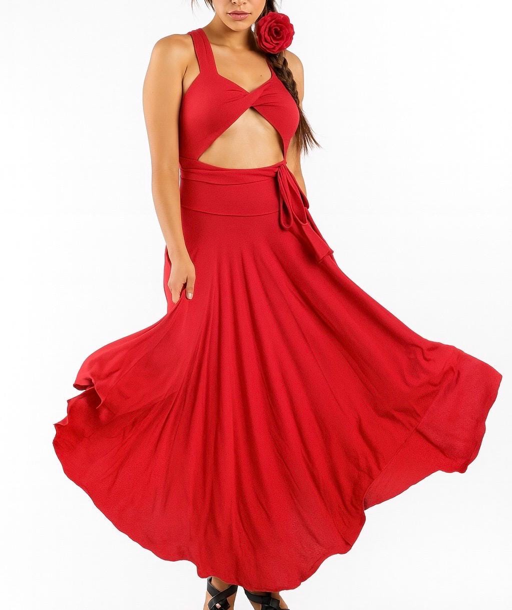 Twisted Bust Red Maxi Dress: Multi-Way USA Made Gown