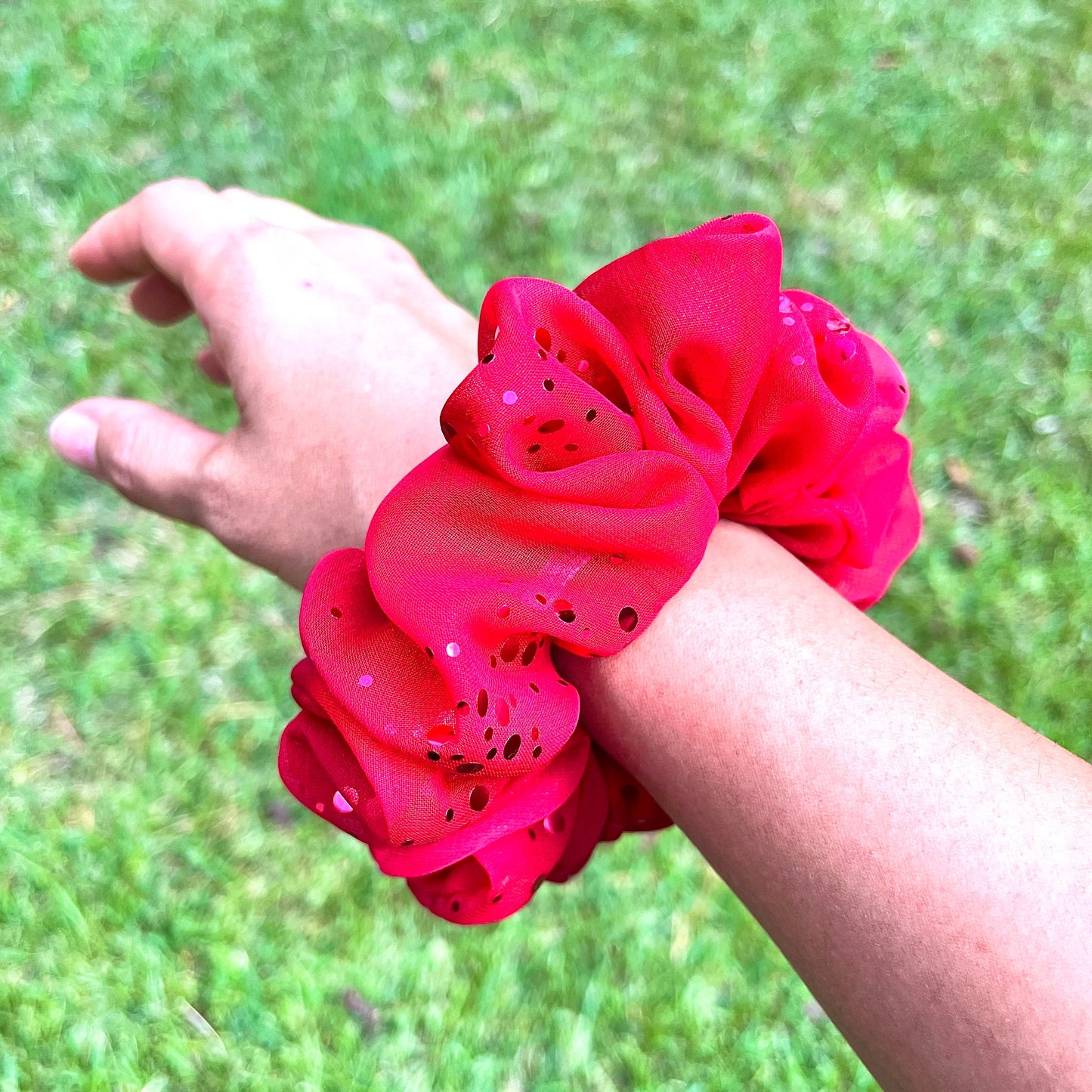 Red Foil Dotted Chiffon Scrunchie: Handmade Hair Accessory