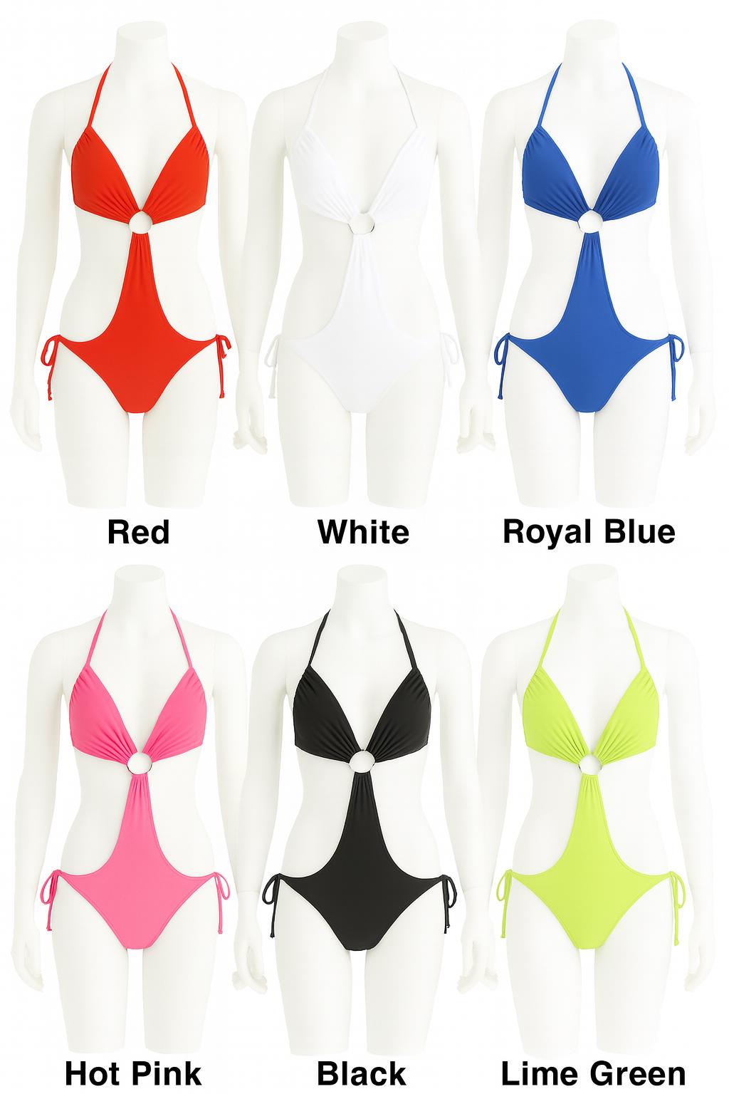 Tease Monokini One Piece Swimsuit with Ring Detail and Adjustable Tie Sides – Sexy Cut Out Bathing Suit