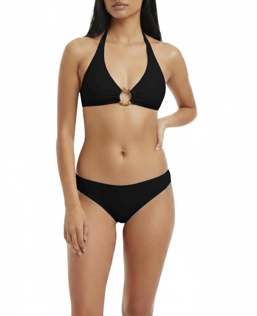 Halter Bikini Set with bamboo wood Ring Detail – Classic Top & Low-Rise Bottom