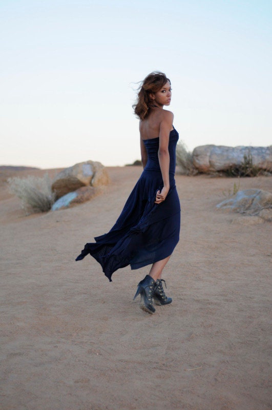 Navy Blue Asymmetrical Halter Dress: Handmade Jersey Midi