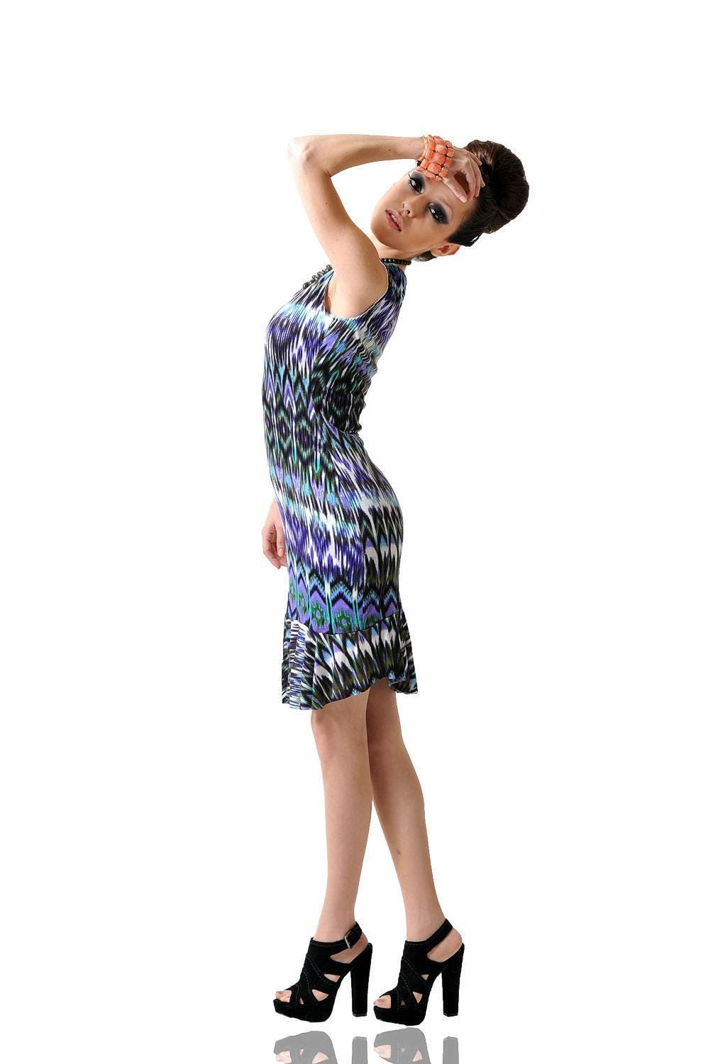 Tribal Print Mini Dress: Flounce Hem Bodycon Rayon Blend