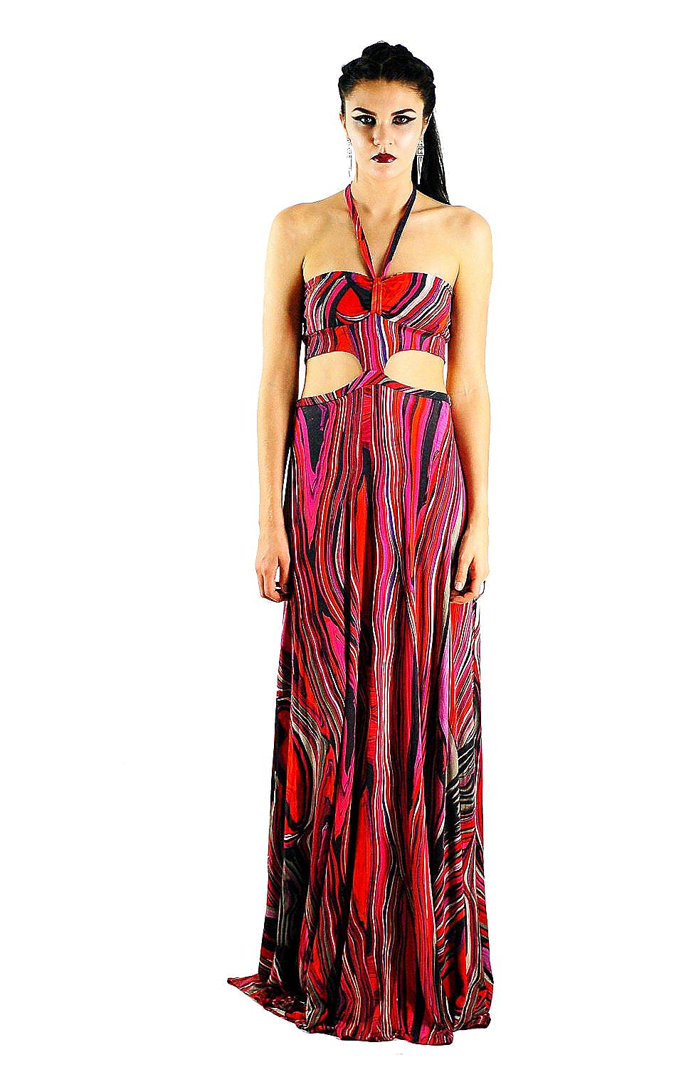 Psychedelic Halter Maxi Dress: Cut Out Knit Gown