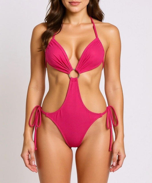 Tease Monokini One Piece Swimsuit with Ring Detail and Adjustable Tie Sides – Sexy Cut Out Bathing Suit