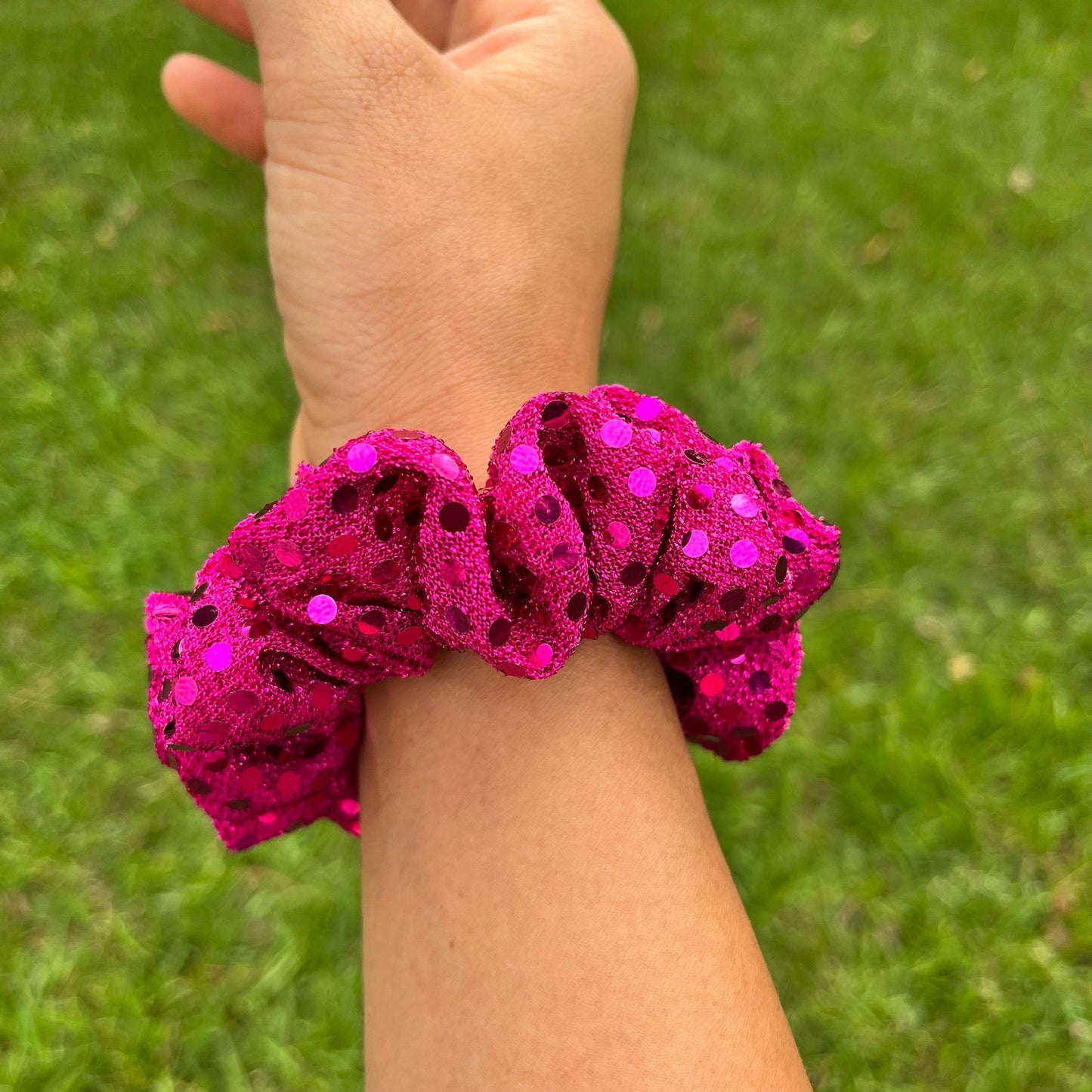 Fuchsia Dotted Foil Scrunchie: Handmade Trendy Hair Tie