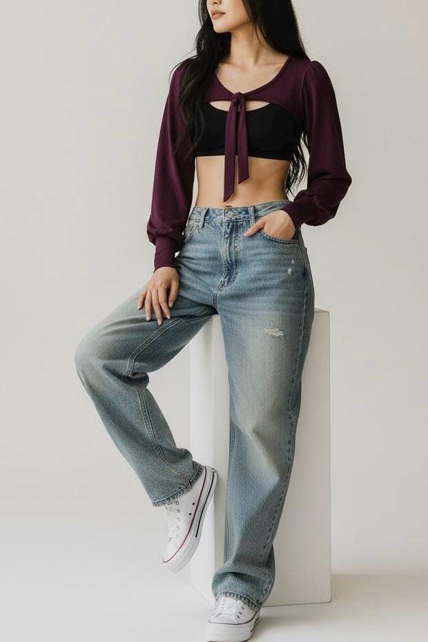 Tie-Front Long Sleeve Shrug | Soft Stretch Cropped Bolero Top