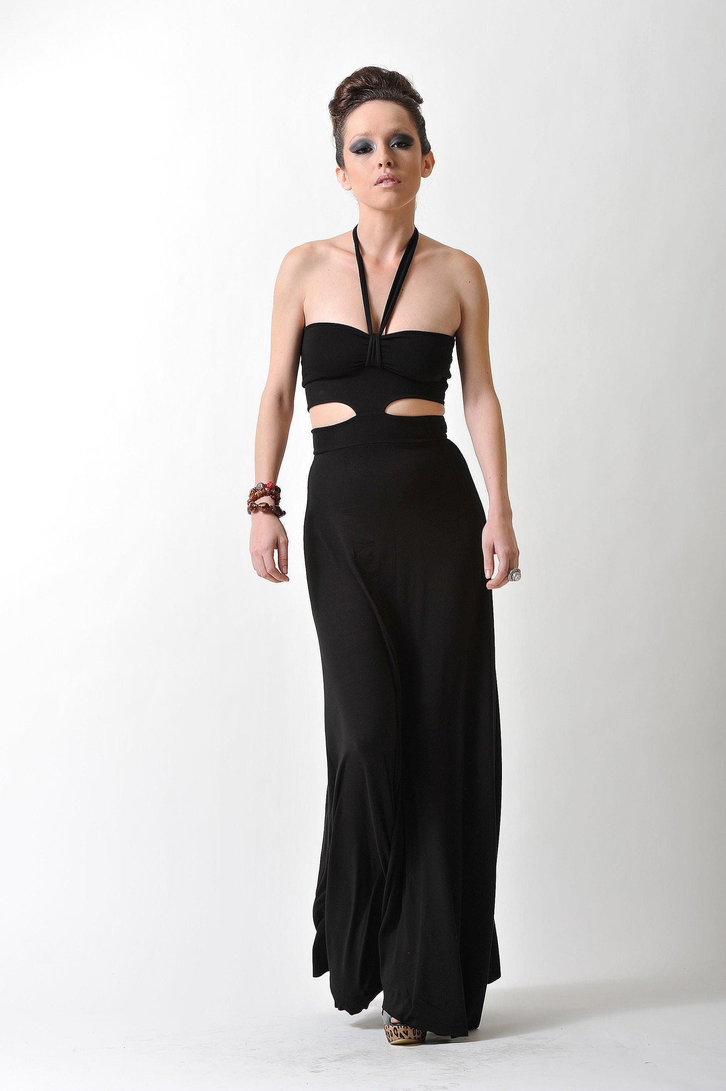 Halter Black Maxi Dress with Cut Outs - Handmade