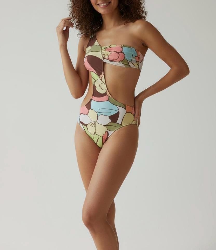 Floral One Shoulder Cutout Swimsuit – Monokini with Bold Print
