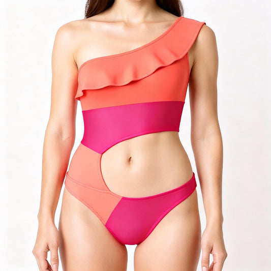 PASSION Asymmetrical one shoulder Ruffle Cutout Swimsuit