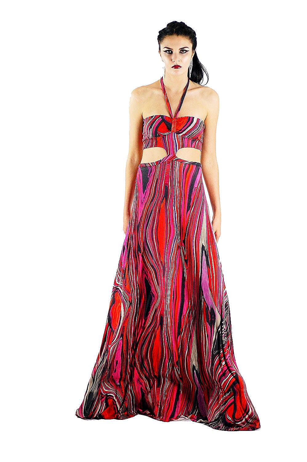 Psychedelic Halter Maxi Dress: Cut Out Knit Gown