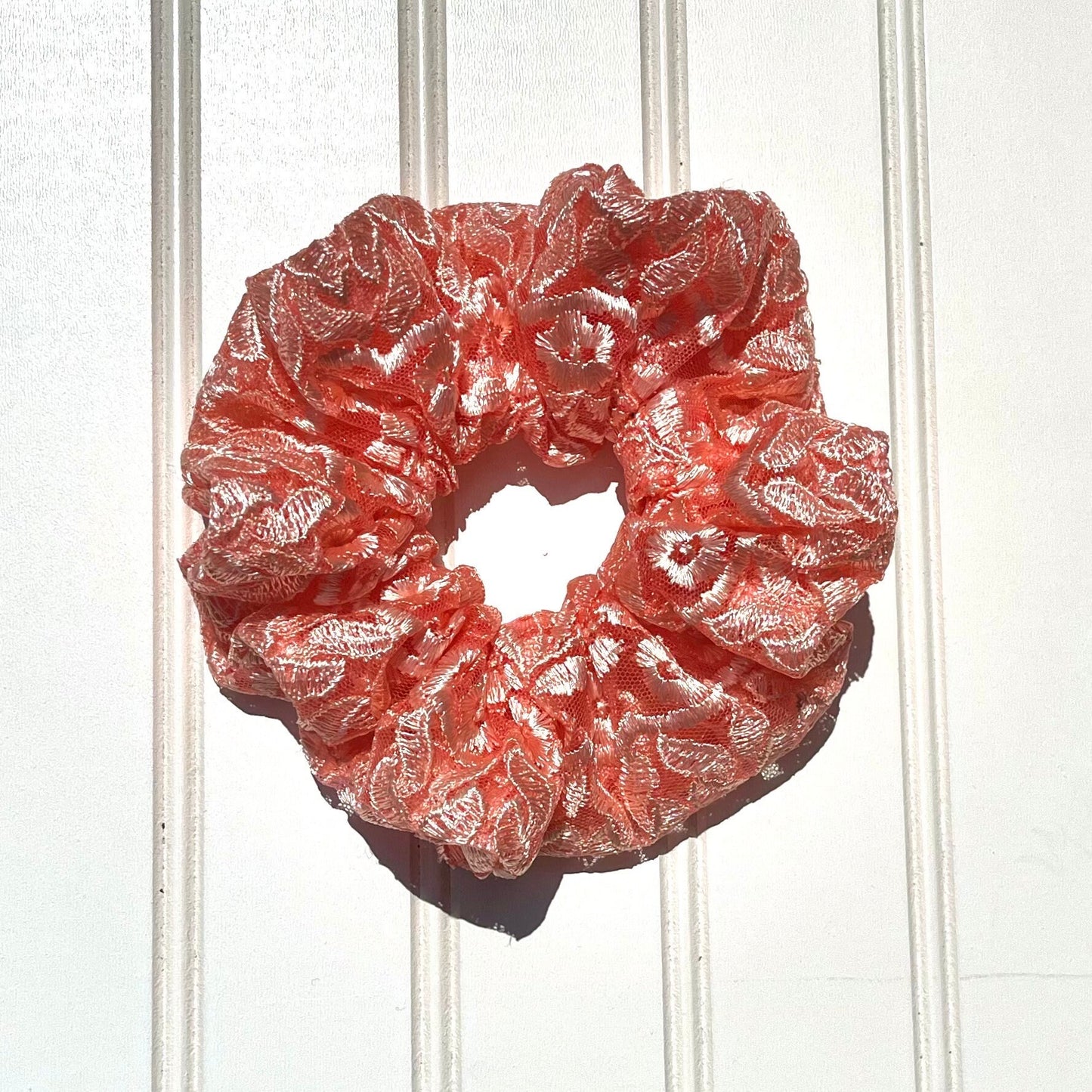 Pink Lace Scrunchie: Shimmery Floral Hair Fashion