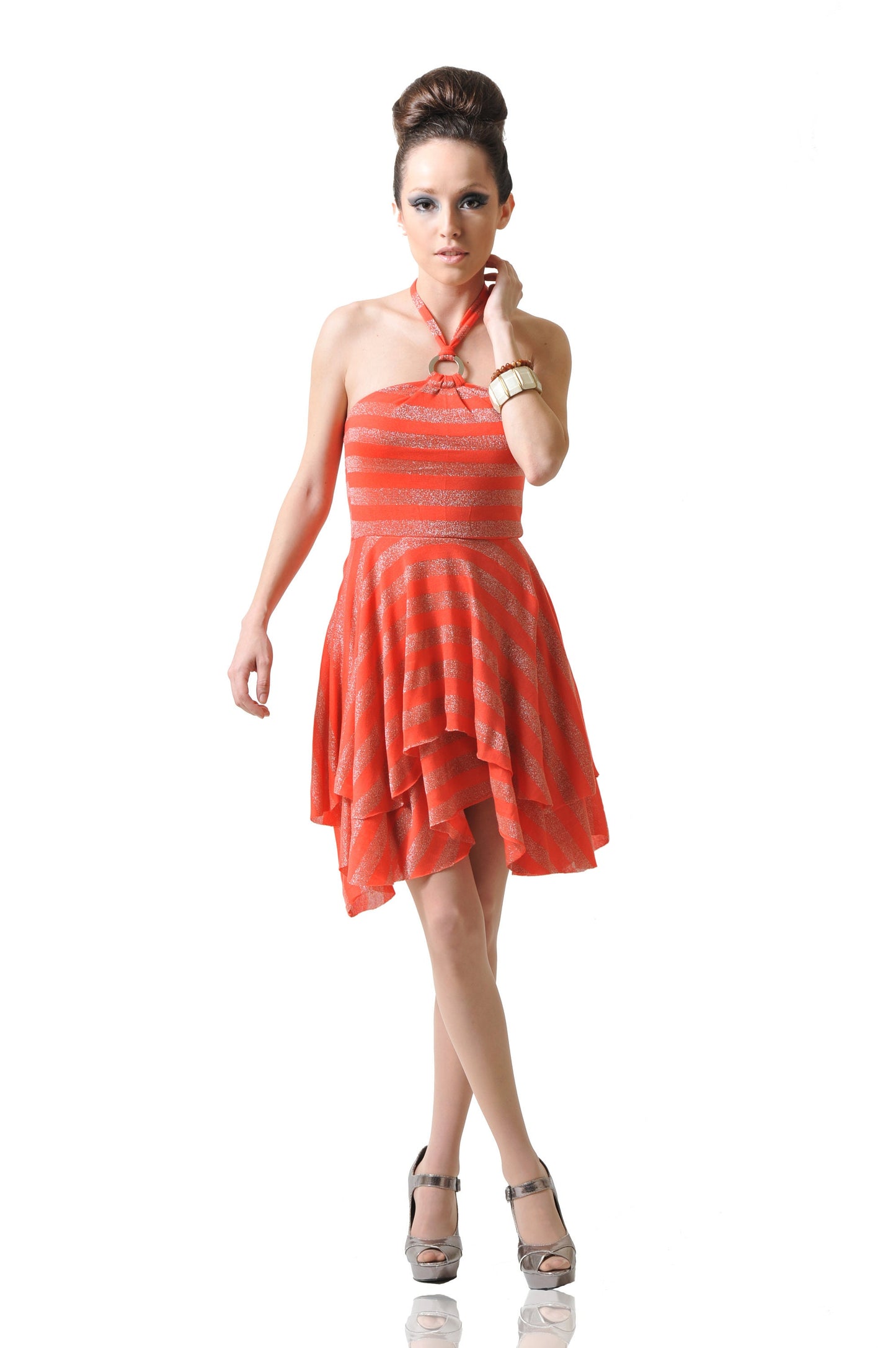 Orange Metallic Stripe Mini Dress: Halter Fit & Flare