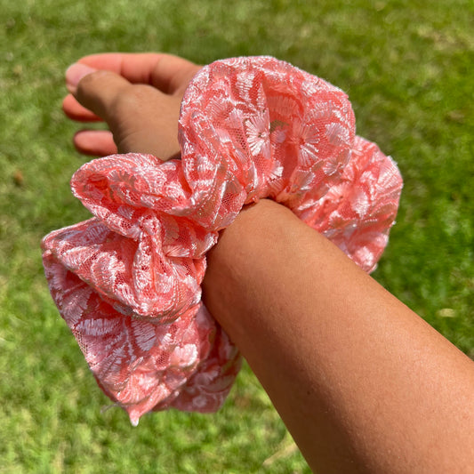 Pink Lace Scrunchie: Shimmery Floral Hair Fashion