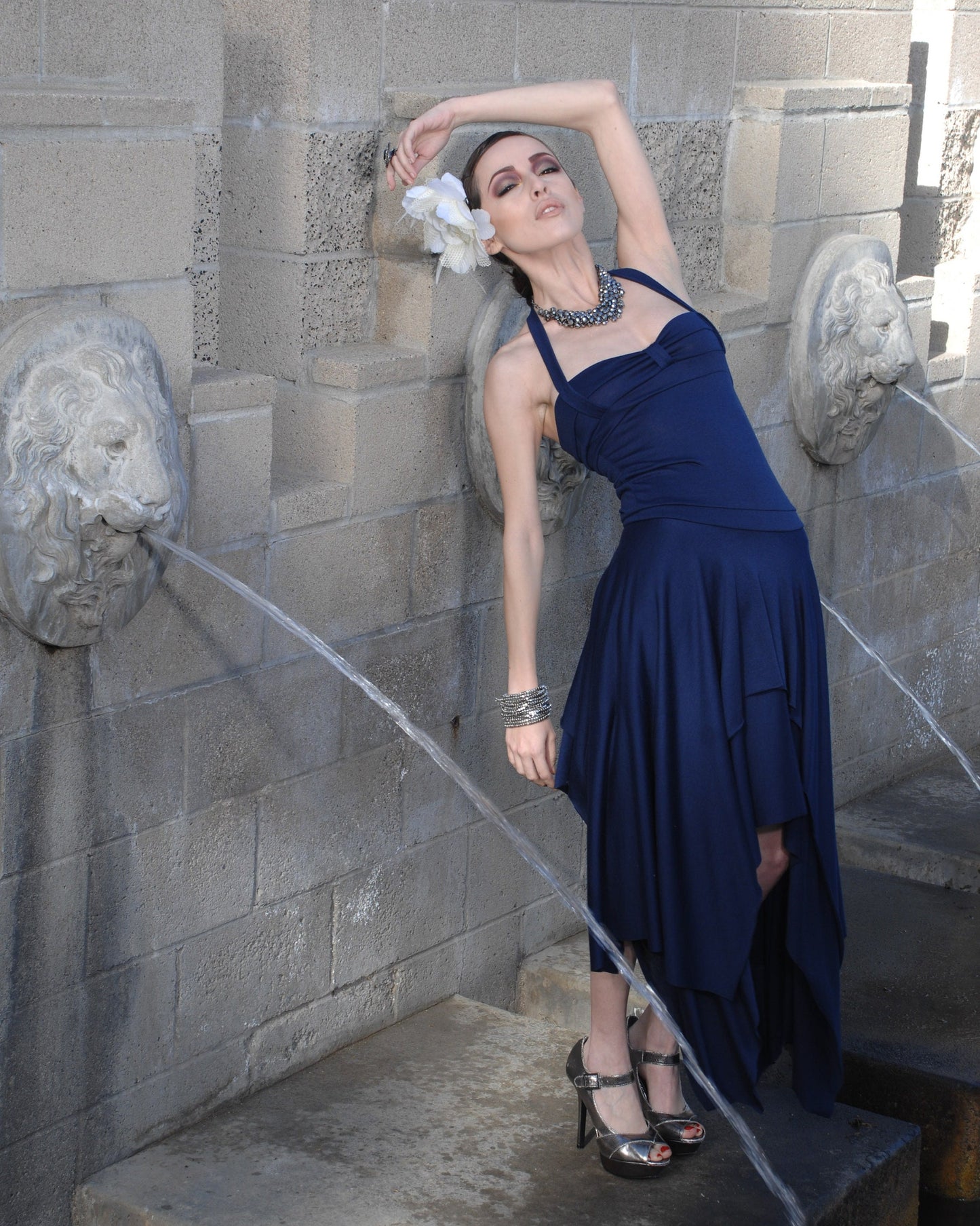 Navy Blue Asymmetrical Halter Dress: Handmade Jersey Midi