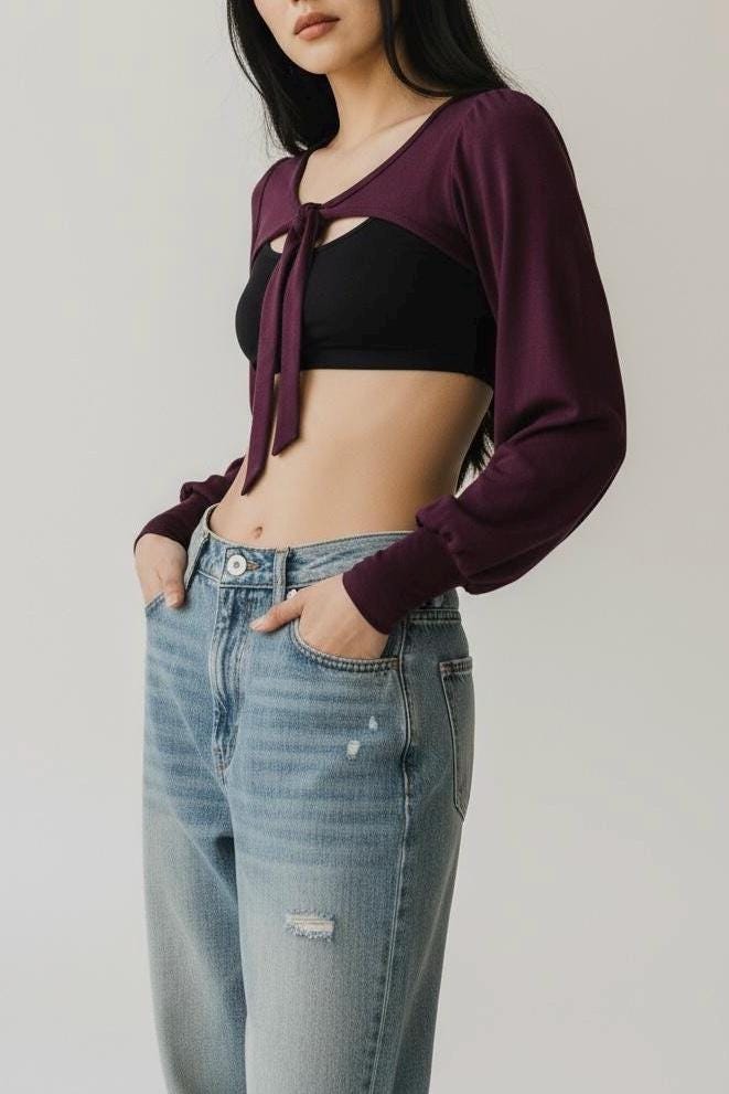 Tie-Front Long Sleeve Shrug | Soft Stretch Cropped Bolero Top