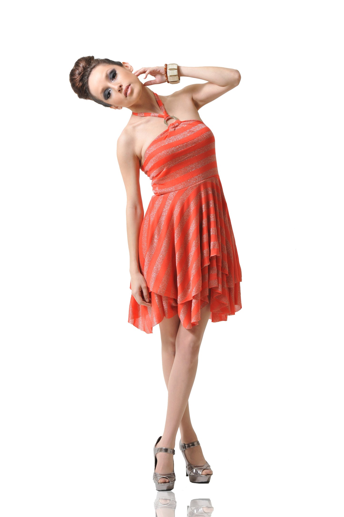Orange Metallic Stripe Mini Dress: Halter Fit & Flare