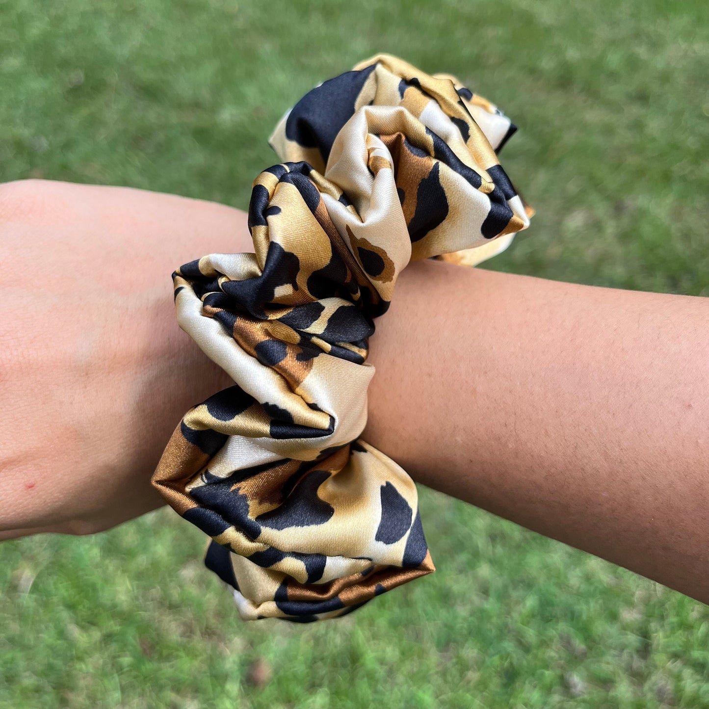 Handmade Satin Leopard Print Scrunchie: Silky Animal Print Hair Tie