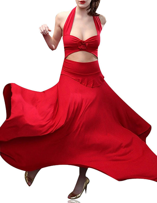 Red Halter Salsa Dress: Cut Out Asymmetrical Hem Dance Dress