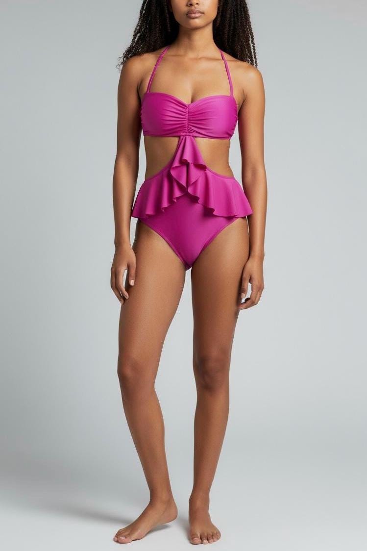 Ruffle Cutout One-Piece Swimsuit – Flounce Peplum Monokini with Halter Tie Back