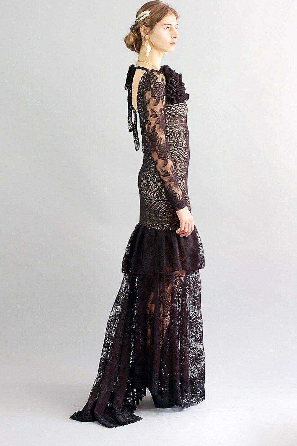 Black Lace Maxi Gown: Handmade Flamenco Ballroom Dress - Size Small