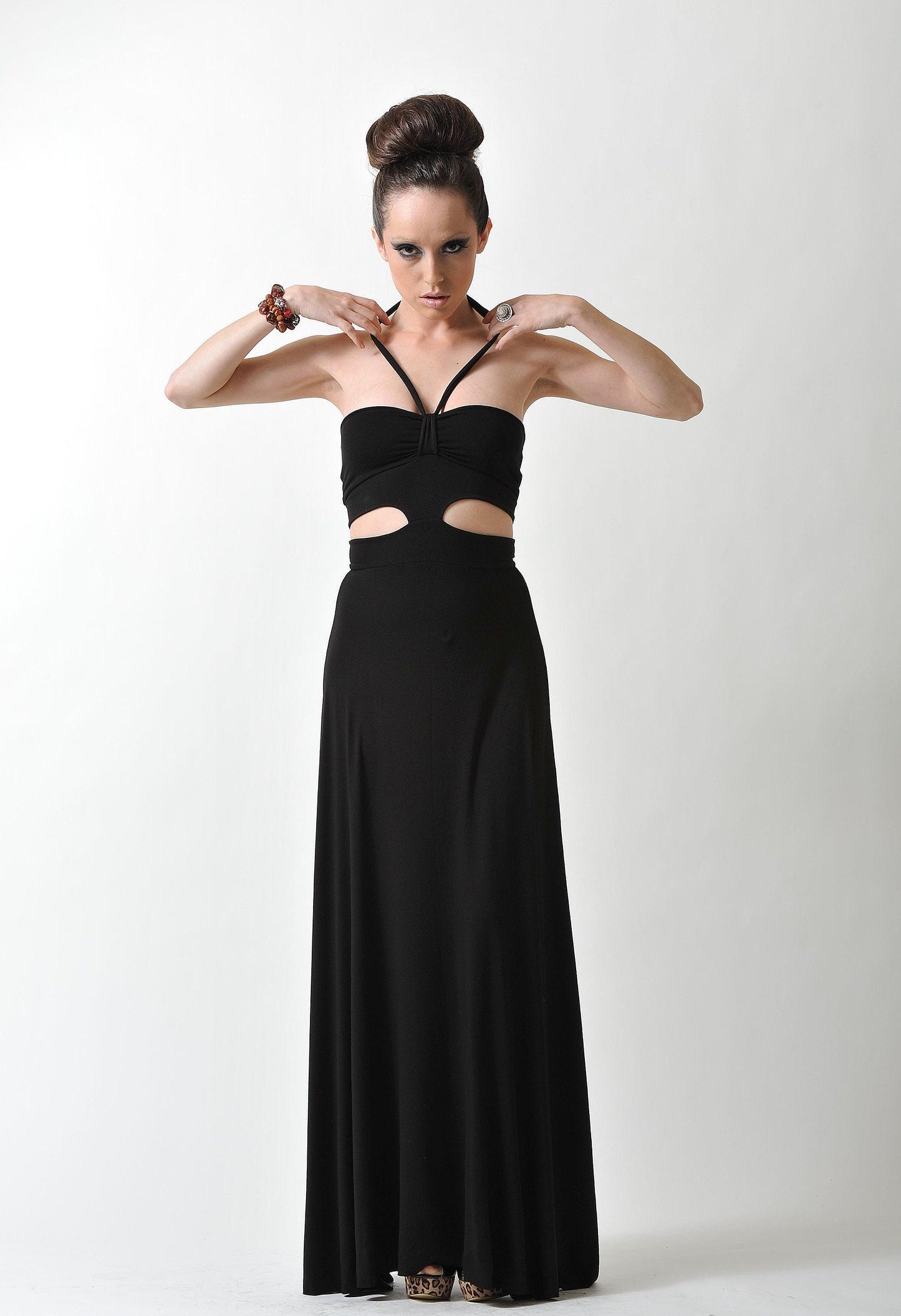 Halter Black Maxi Dress with Cut Outs - Handmade