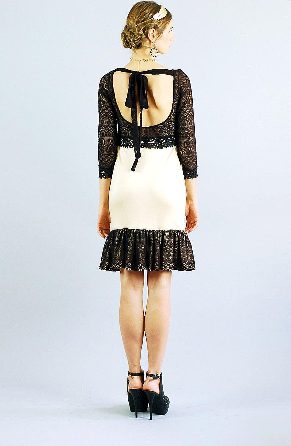 Black Lace Ruffle Hem Dress: Handmade USA, Size S