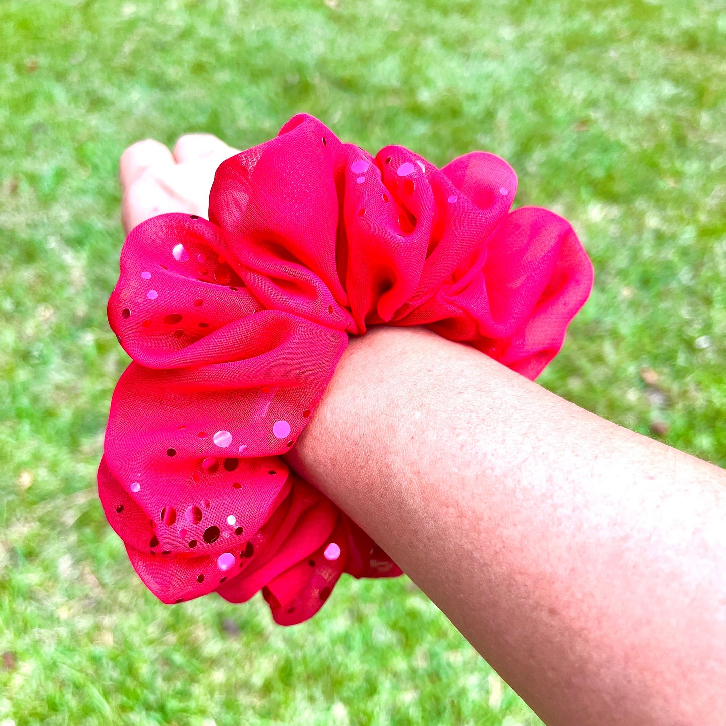 Red Foil Dotted Chiffon Scrunchie: Handmade Hair Accessory