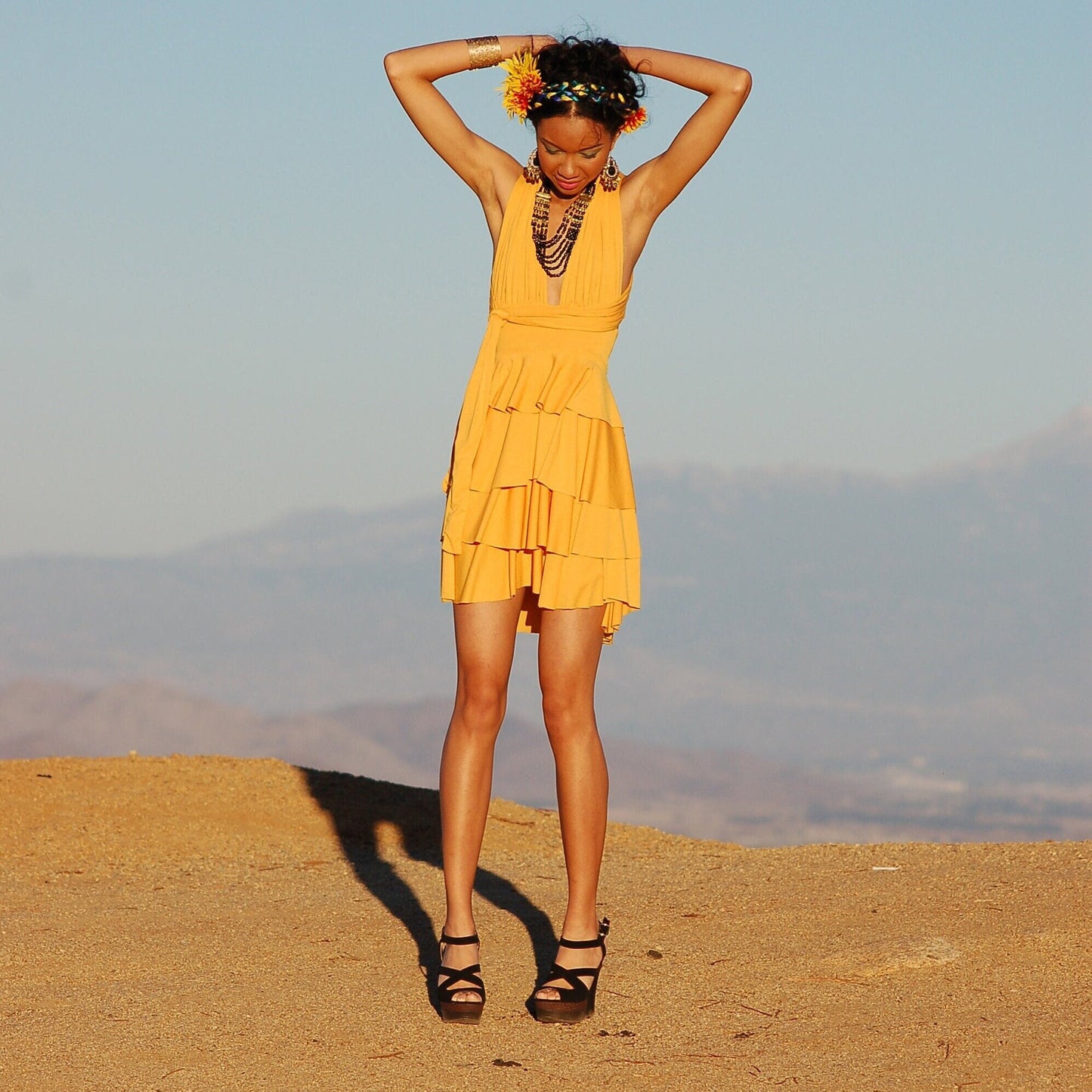 Tiered Ruffle Mini Dress: Infinity Tie Straps, Handmade in USA