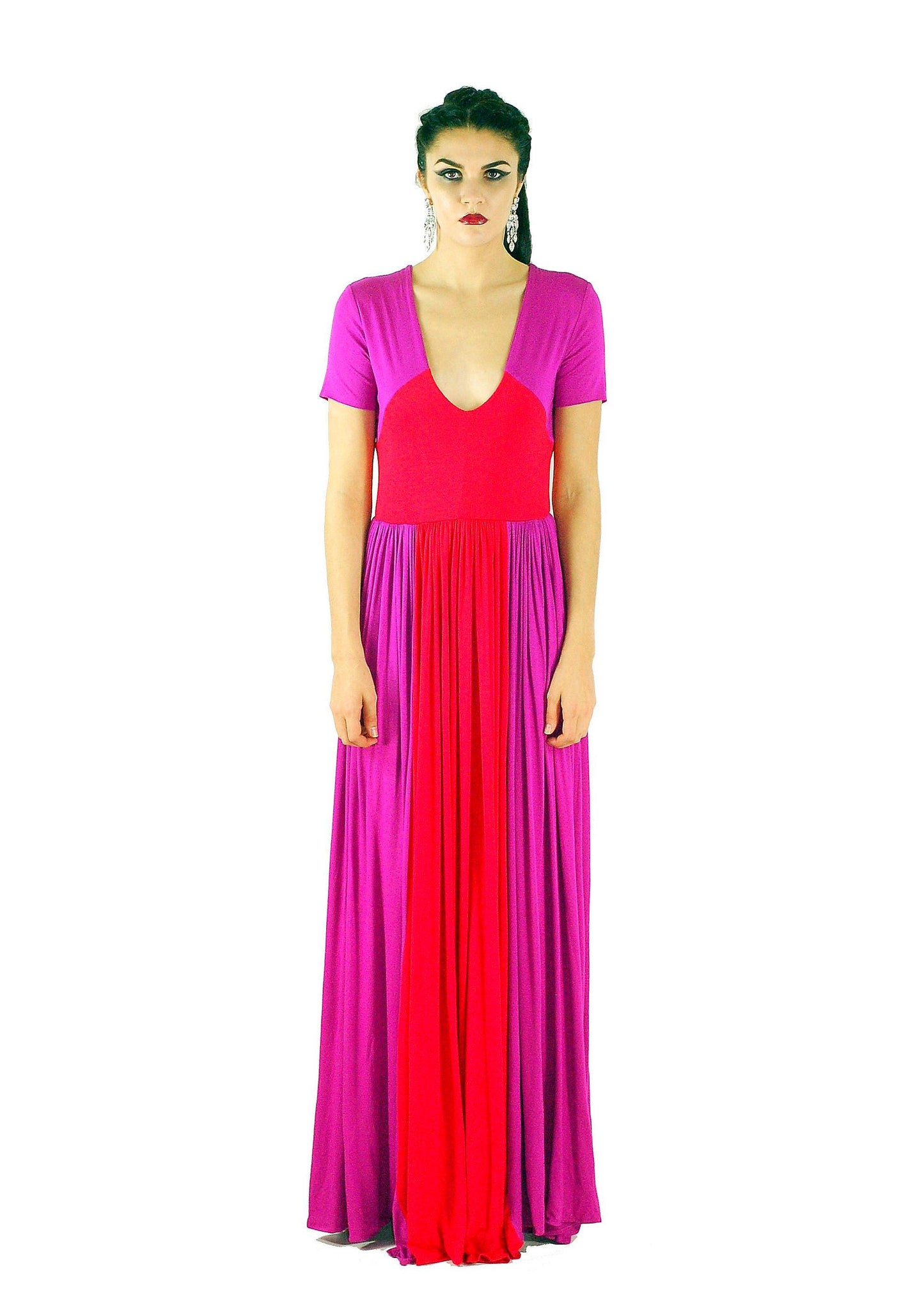 Colorblock Maxi Dress: Red & Fuchsia, Handmade Rayon Blend
