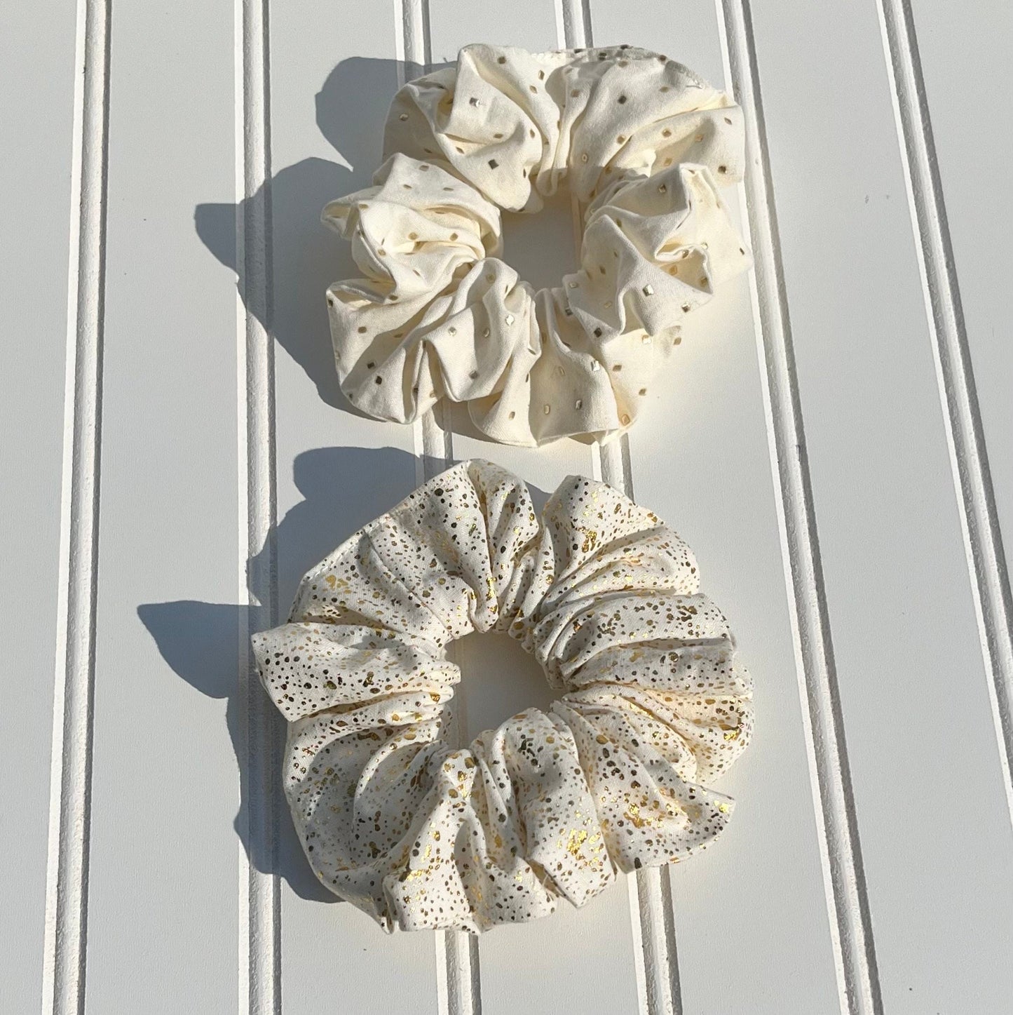 Handmade Ivory and Gold Cotton Scrunchie: Holiday Hair Accessory