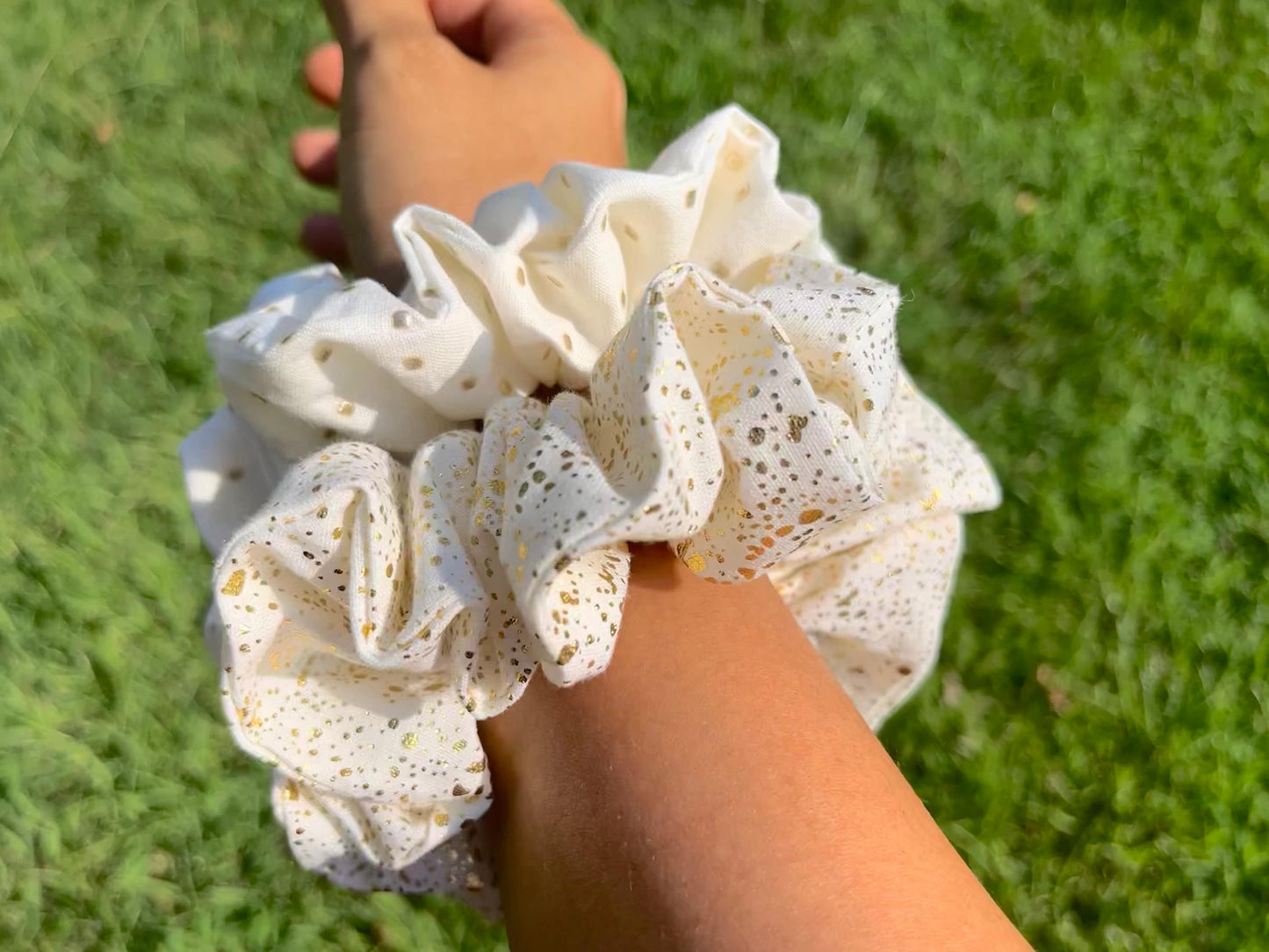 Handmade Ivory and Gold Cotton Scrunchie: Holiday Hair Accessory