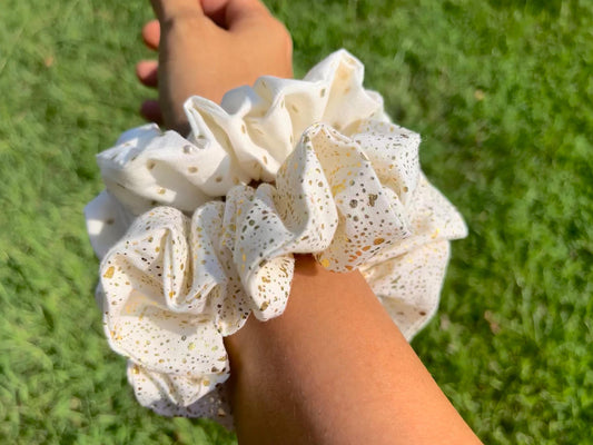 Handmade Ivory and Gold Cotton Scrunchie: Holiday Hair Accessory