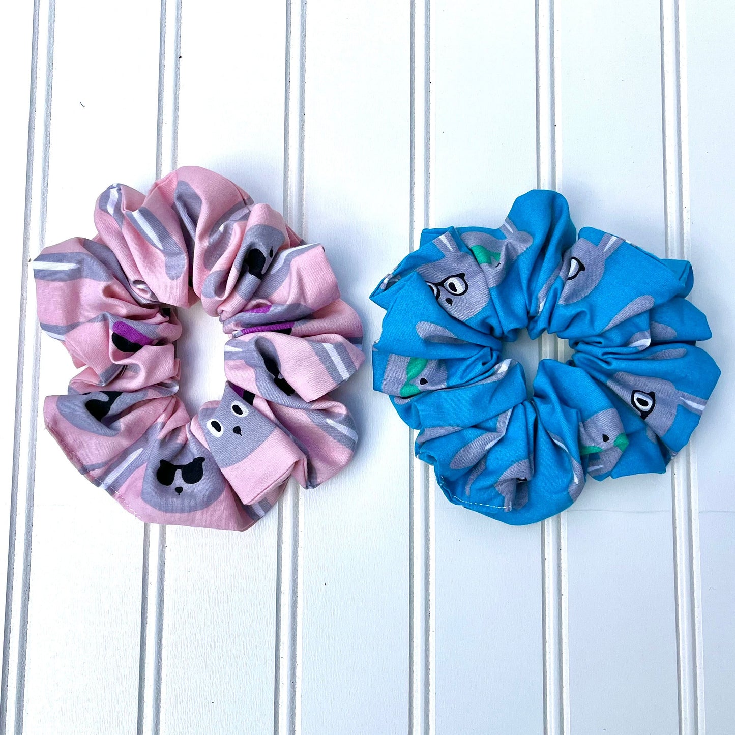 Bunny Print Cotton Scrunchie: Pink & Blue Hair Tie, USA Handmade