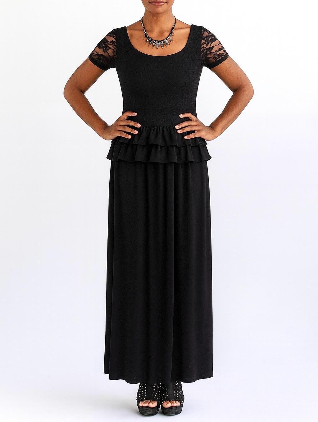 Agnes Black Maxi Dress with Peplum Ruffles-Size S